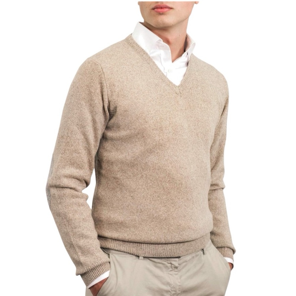 Café Coton Paris Lambswool V-Neck Sweater with Elbow Patches Beige Men’s XL